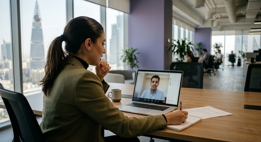 A recruiter on a video call in a bright office overlooking the city.